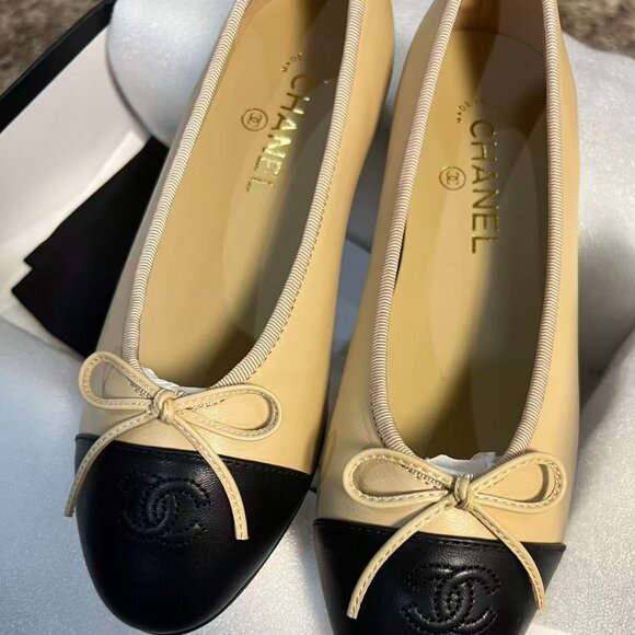 Chanel Ballerina Lambskin Leather Ballet Women's Flats Size 38 - Beige/Black - Picture 3 of 6